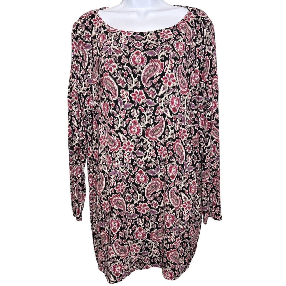 J Jill Wearever Womens Black Pink Purple Paisley Tunic Top Sz XL Floral Flowy